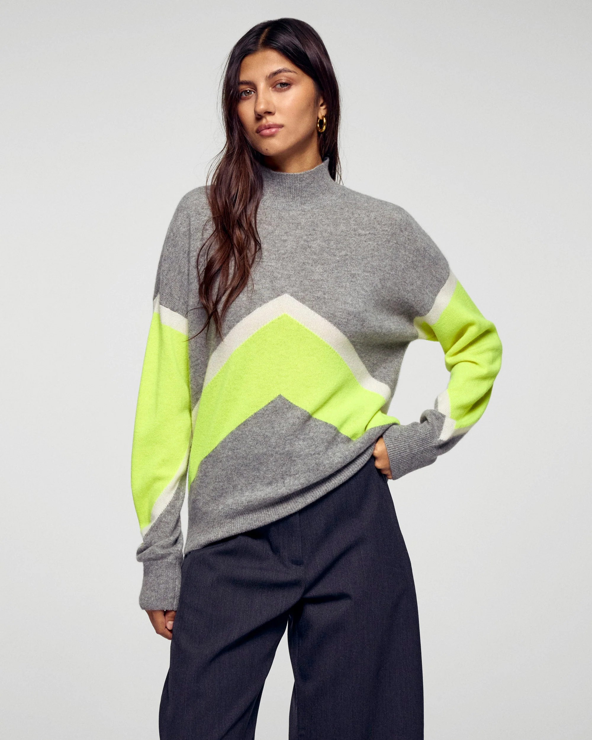 Pull Col Montant Color Block (H25 / FEMME / Gris Chiné Foncé)