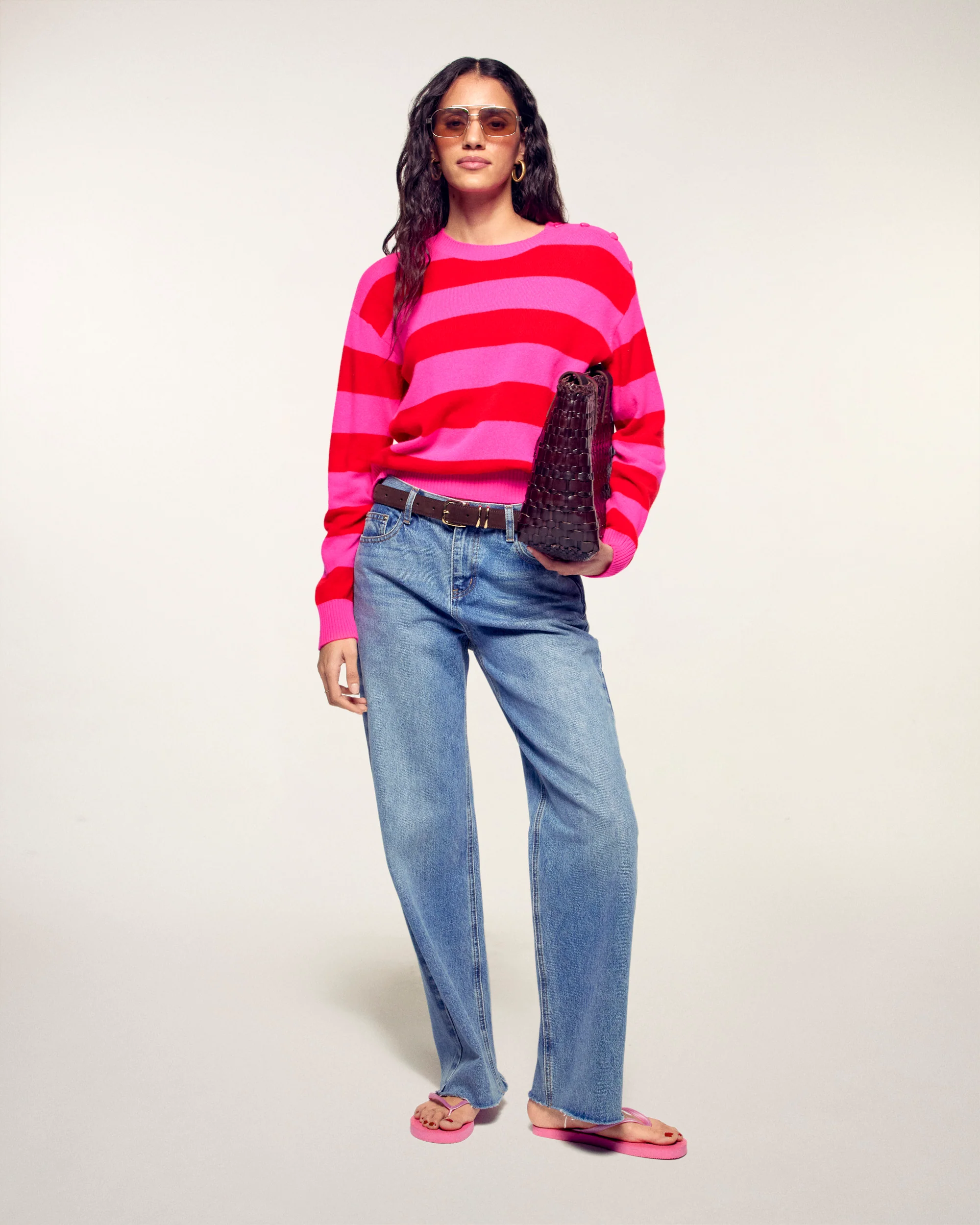 Pull Col Rond à Rayures et Boutons Cœur (S26/ FEMME/ Flash Pink) - Image 3