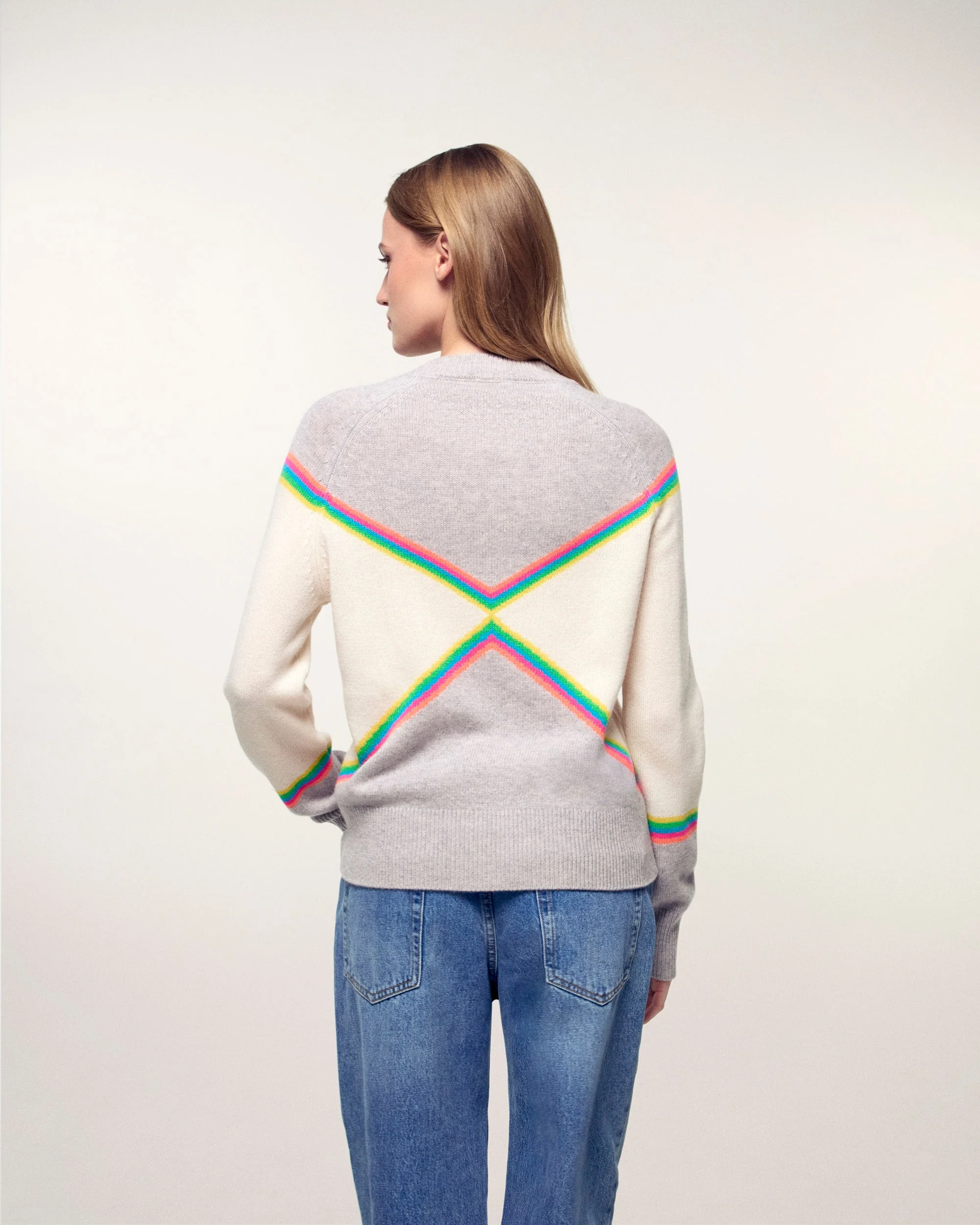 Pull Col Rond Bandes Multicolores (S26/ FEMME/ Gris Chiné Clair) - Image 4